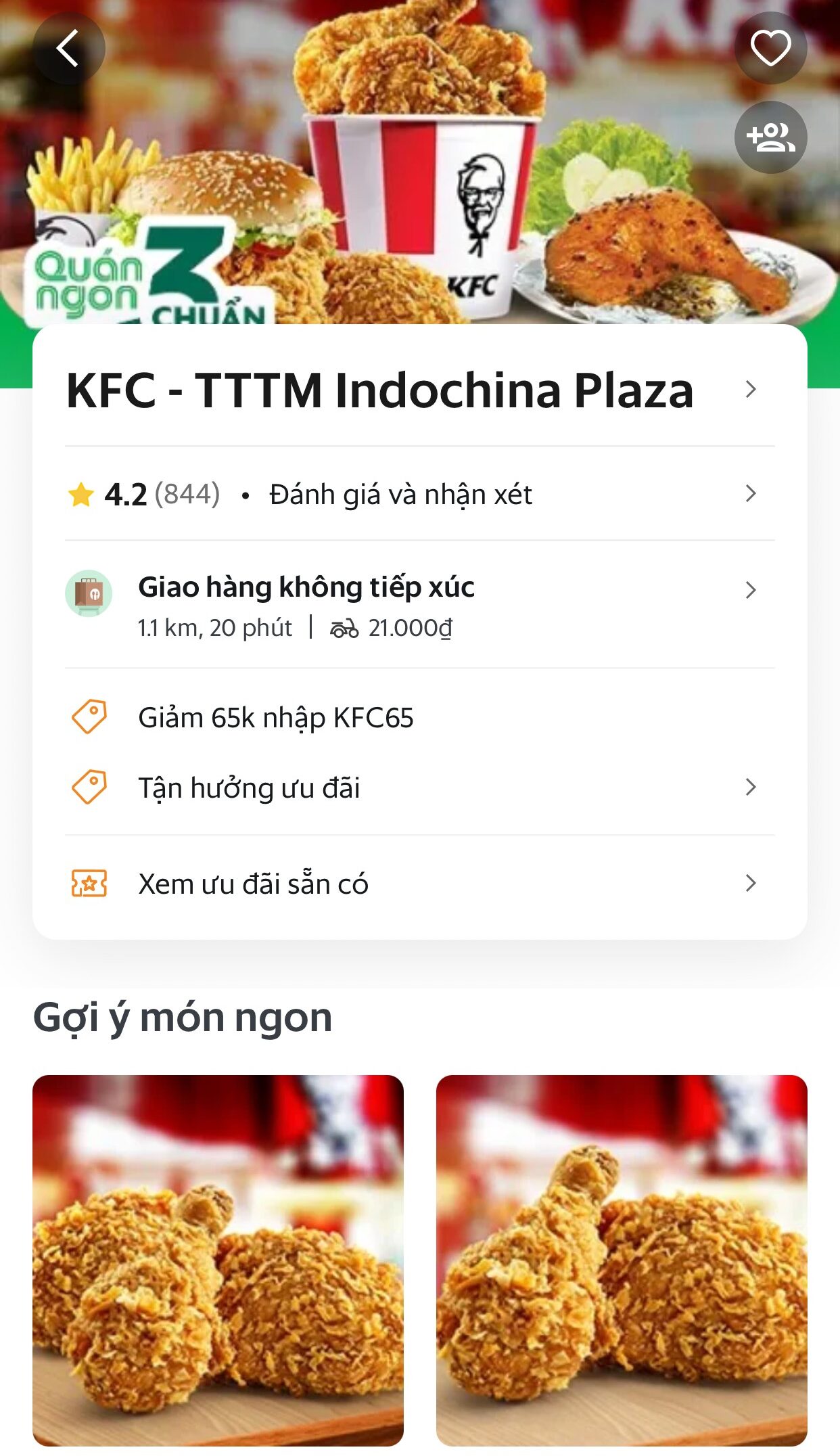 KFC trên ứng dụng giao hàng Grab