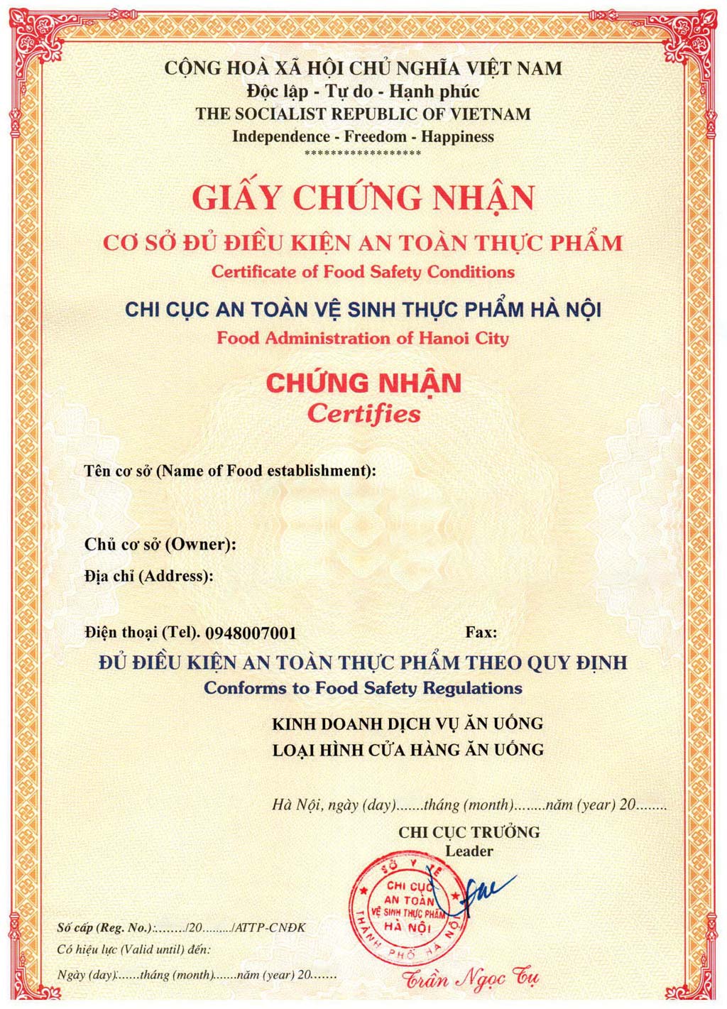 Mẫu giấy chứng nhận an toàn thực phẩm