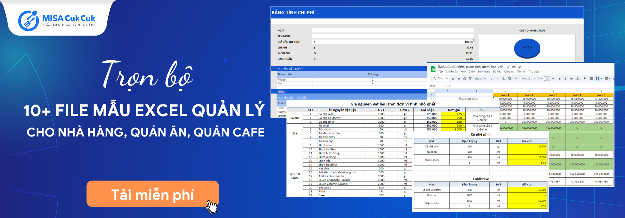 File Excel quản lý doanh thu chi phí lợi nhuận nhà hàng