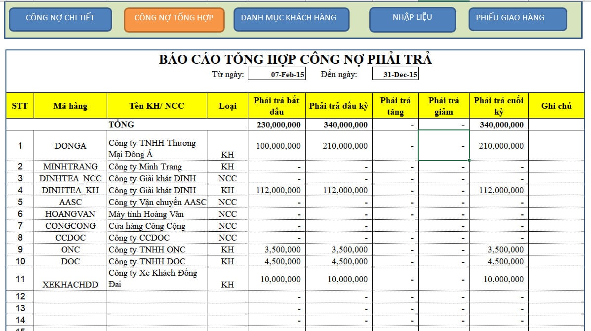 Bảng theo dõi công nợ bằng Excel