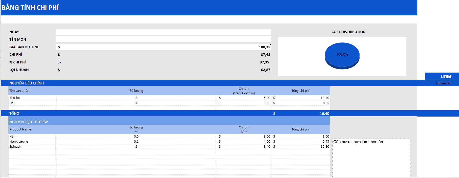 mẫu file tính cost món ăn