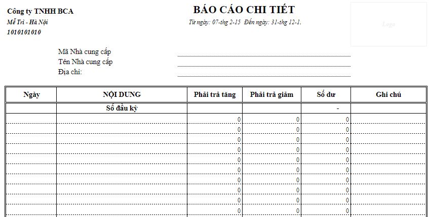 Báo cáo công nợ chi tiết