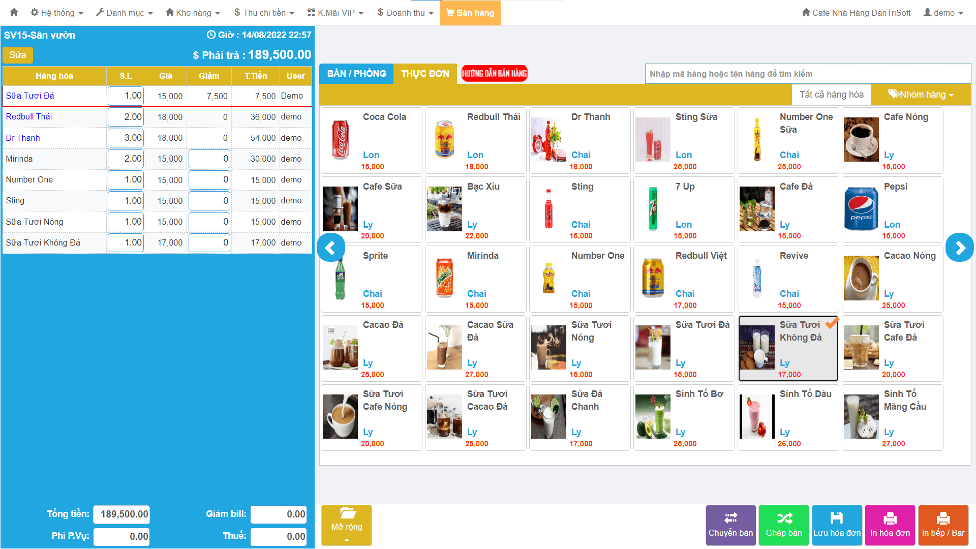 Giao diện phần mềm quản lý bán hàng nhà hàng dantrisoft
