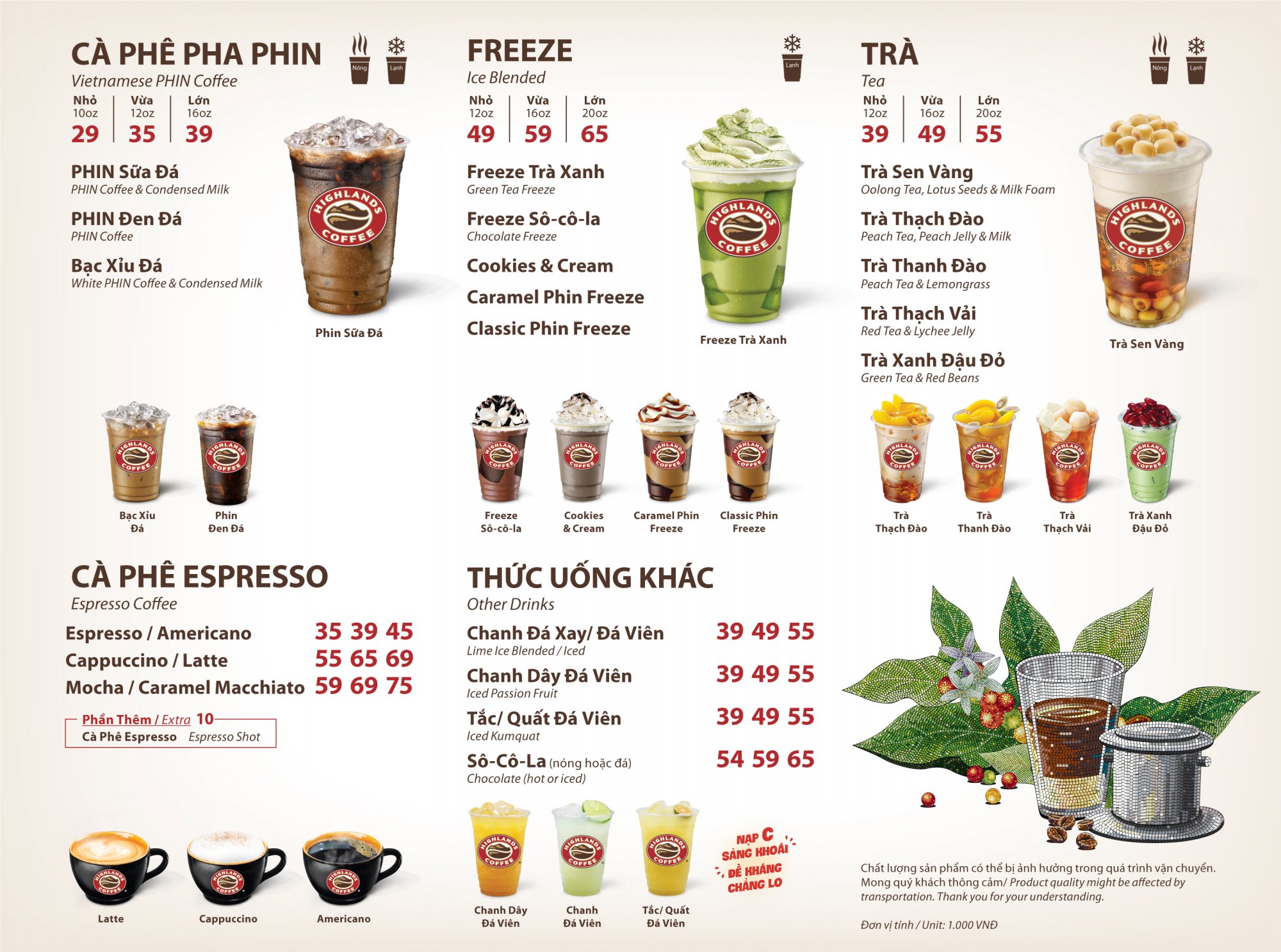 Menu Highlands Coffee mới nhất