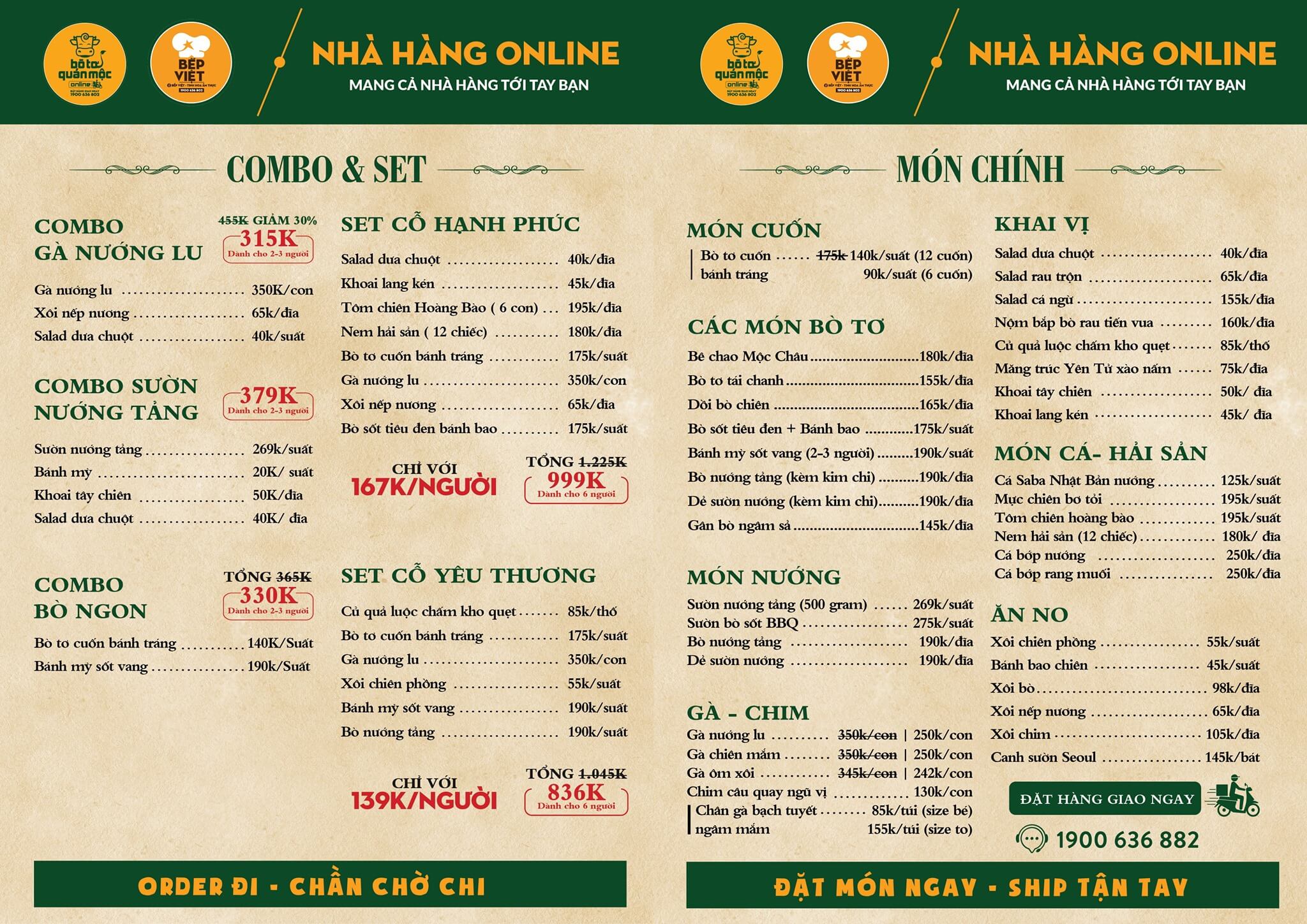 Menu Bò Tơ Quán Mộc