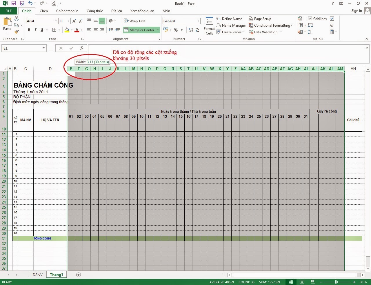 cách làm bảng chấm công trên excel