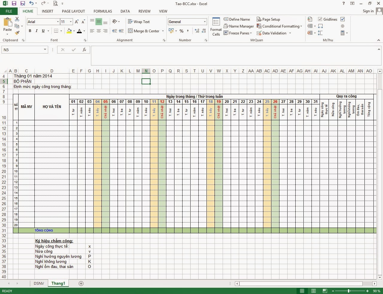 Đặt ký hiệu chấm công cho bảng trên excel