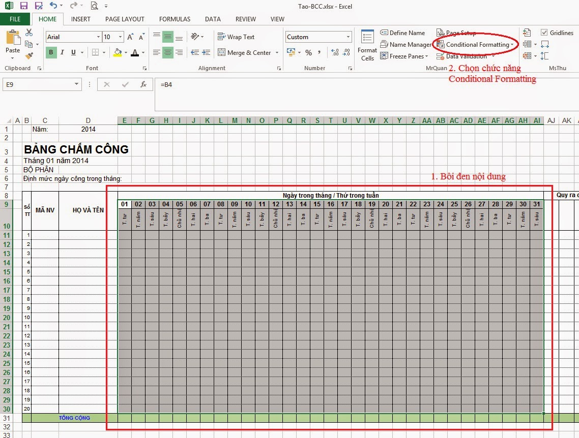 cách làm bảng chấm công trên excel