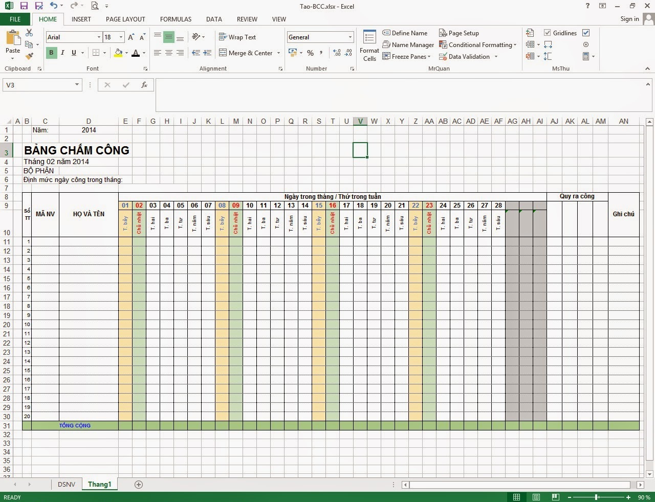 bảng chấm công trên excel