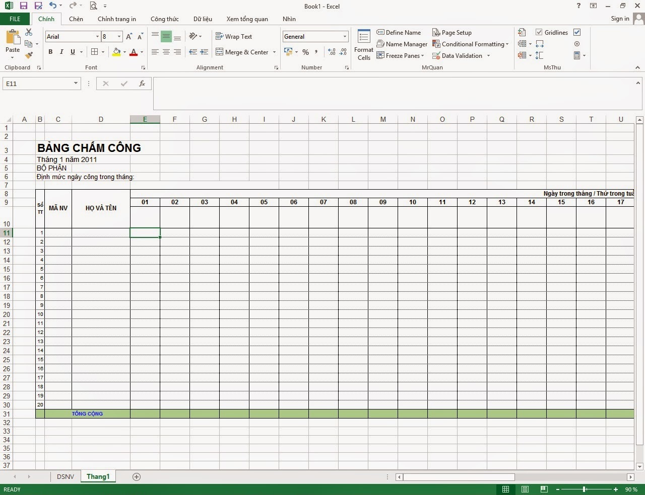 Giao diện sheet Tháng 1 trong bảng chấm công trên excel