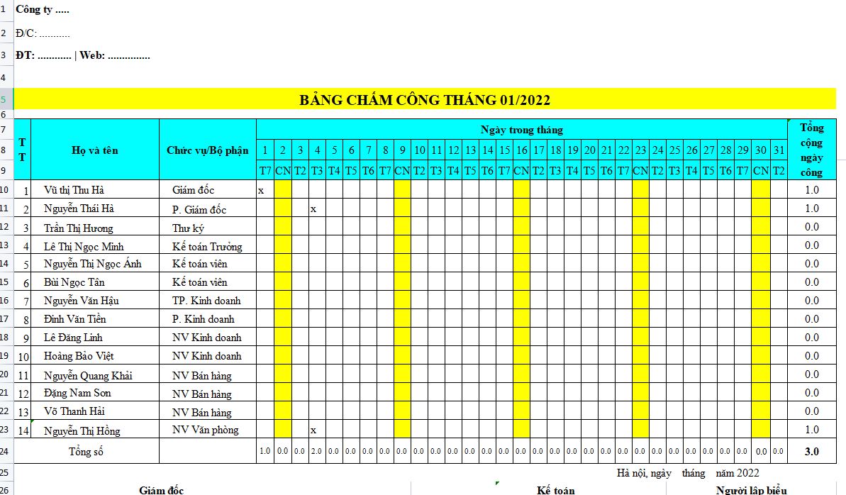 Xác định mô hình của bảng chấm công trên excel